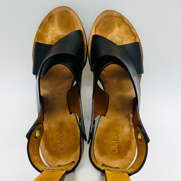 Chloe Black and Tan Wedge Slingback Sandals with Leather Cross-Strap Est SZ 10 - Picture 5 of 15